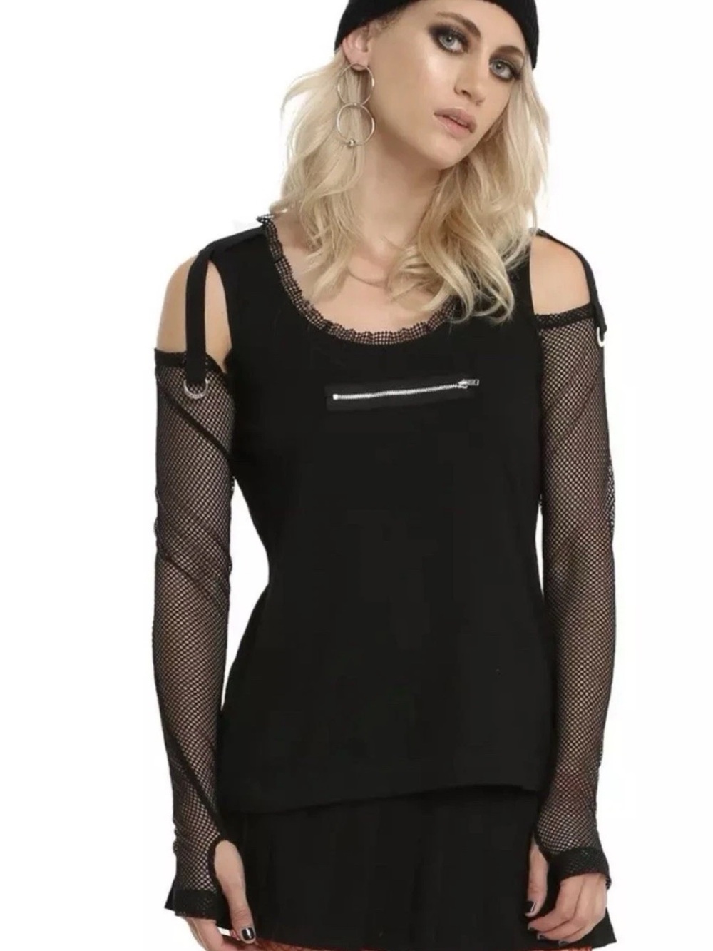 Tripp Nyc Y2K VTG Fishnet Bondage Long sleeve Zipper Decal D Ring Top SZ.XL